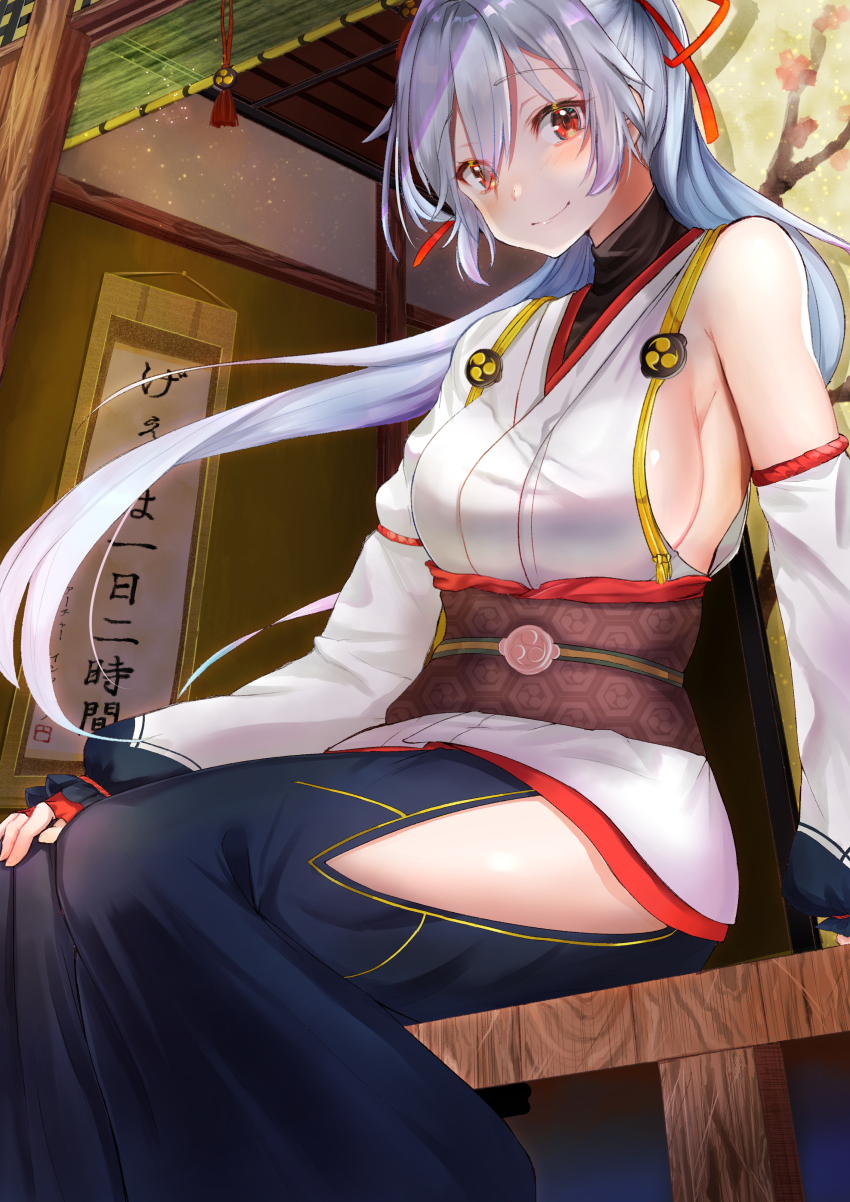 1girl absurdres breasts detached_sleeves fate/grand_order fate_(series) felnemo female_focus fingerless_gloves gloves hair_ribbon highres japanese_clothes long_hair mitsudomoe_(shape) obi ponytail red_eyes ribbon sash side_slit sideboob silver_hair single_detached_sleeve sitting smile solo tomoe_(symbol) tomoe_gozen_(fate) very_long_hair