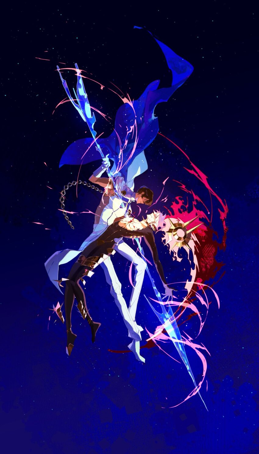 2boys arjuna_(fate) arrow_(projectile) black_eyes black_hair brothers cape chest_jewel collar dark-skinned_male dark_skin fate/grand_order fate_(series) floating gloves highres holding holding_arrow indian_clothes karna_(fate) male_focus midair multiple_boys mygrimsobamtee night night_sky short_hair siblings sky smile spiked_collar spikes stab star_(sky) white_gloves white_hair