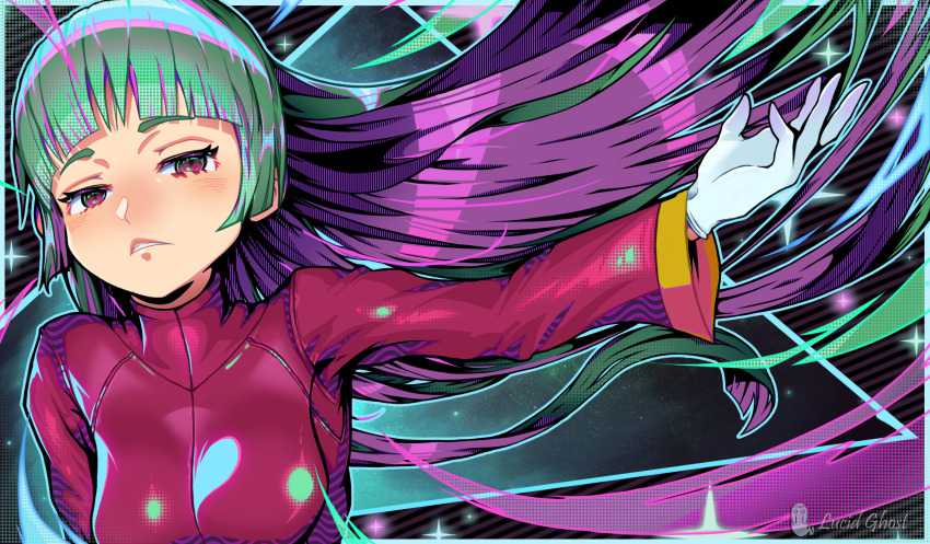1girl arched_bangs artist_name brown_eyes commentary eyelashes floating_hair gloves green_hair highres jacket long_hair long_sleeves looking_at_viewer lucidghost nintendo outline outstretched_arm pokemon pokemon_frlg sabrina_(pokemon) solo sparkle teeth upper_body white_gloves