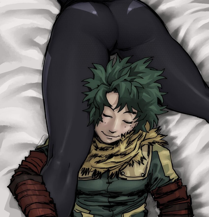 1boy 1girl ass bed between_legs bodysuit boku_no_hero_academia closed_eyes crossover cy grey_hair gwen_stacy hetero lower_body lying marvel midoriya_izuku on_back on_stomach puo spider-gwen spider-man:_into_the_spider-verse spider-man_(series) spider-verse superhero_costume upper_body