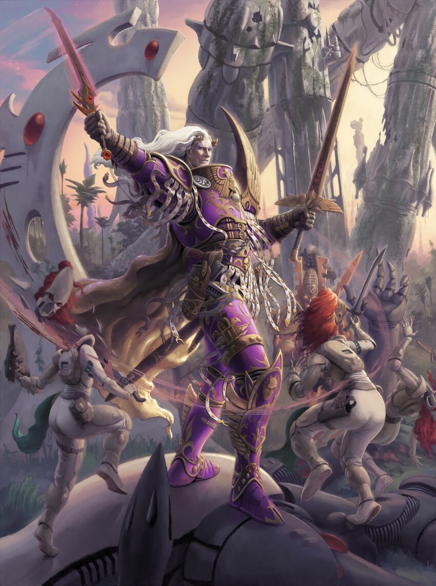 2boys 3girls arch architecture armor armored_boots asymmetrical_dual_wielding battle blood blood_on_wall blood_splatter blood_trail boots breastplate broken broken_sword broken_weapon brown_gloves buckle chain commentary corpse death dropping dual_wielding eldar emperor&#039;s_children energy_gun english_commentary falling fighting fighting_stance forest from_behind fulgrim gem gloves glowing glowing_eyes glowing_mouth glowing_sword glowing_weapon grass greaves green_ribbon gun hair_through_headwear handgun helmet highres holding holding_sword holding_weapon holster imperial_aquila injury jeff_porter khaine laurel_crown male_focus multiple_boys multiple_girls nature no_headwear ornate_armor overgrown palm_tree pauldrons pelvic_curtain plant plate_armor power_armor primarch purple_armor red_gemstone red_hair ribbon roman_numeral ruins science_fiction severed_head sheath shoulder_armor skull_ornament smile smug spire standing standing_on_one_leg sword thigh_holster tower tree vines warhammer_40k weapon white_armor white_hair white_ribbon wing_ornament yellow_cloak