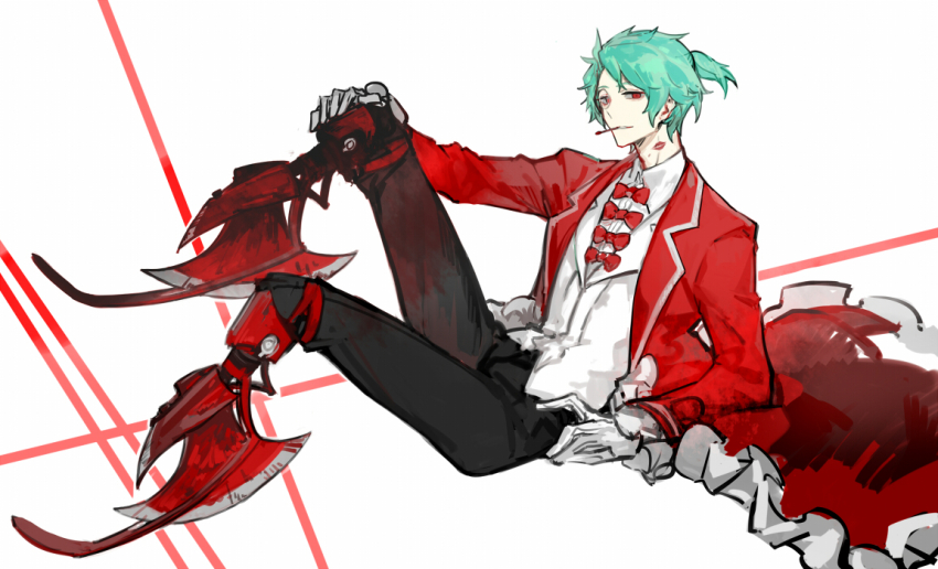 1boy amputee axe blue_hair bow bowtie coat collared_shirt double_amputee e.g.o_(project_moon) employee_(project_moon) frilled_coat frills high_ponytail legless_amputee legs_up lobotomy_corporation looking_at_viewer male_focus monocle nishikujic nugget_(project_moon) ponytail project_moon red_bow red_bowtie red_coat red_eyes running_blades sanguine_desire_(e.g.o) shirt short_ponytail simple_background sitting solo vest white_background white_shirt white_vest