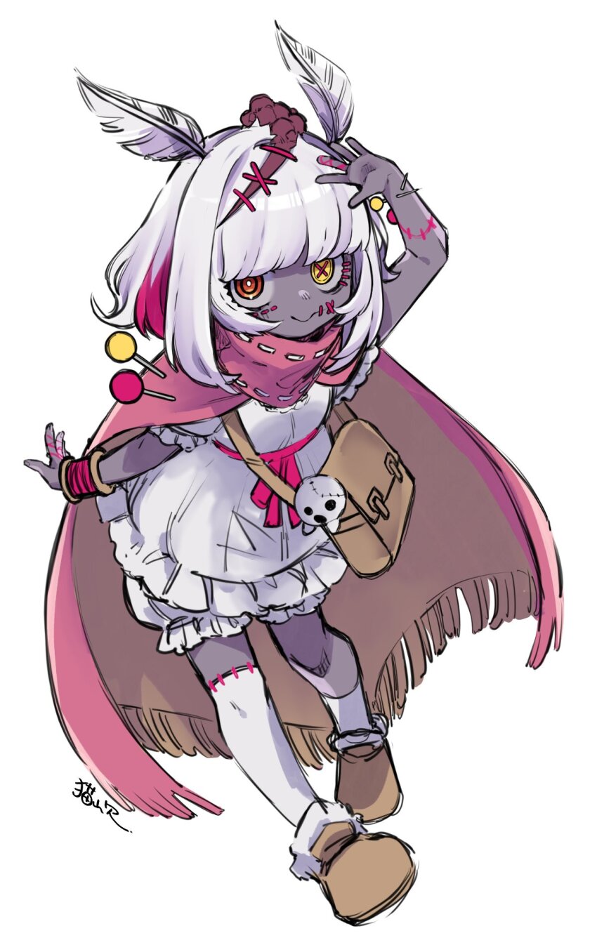 1girl akubimtcat arm_up arthropod_girl asymmetrical_legwear bag blunt_bangs breasts bright_pupils brown_bag brown_cape brown_shoes cape collared_cape dress finger_ribbon frilled_dress frills fringe-trimmed_cape fringe_trim full_body fur-trimmed_footwear fur_trim grey_skirt hair_over_eyes heterochromia high_collar highres impaled indie_virtual_youtuber insect_girl leaning_forward legs_apart medium_hair mismatched_pupils moth_antennae moth_girl multicolored_hair no_nose open_hands orange_eyes pigeon-toed pink_cape pink_hair pink_ribbon puffy_dress puffy_short_sleeves puffy_shorts puffy_sleeves red_pupils ribbon ribbon-trimmed_collar ribbon_trim ringed_eyes sewing_pin shoes short_dress short_shorts short_sleeves shorts shoulder_bag signature skirt small_breasts smile socks stitched_mouth stitches streaked_hair stuffing symbol-shaped_pupils thighhighs turtleneck two-sided_cape two-sided_fabric uneven_legwear voodoo_doll waist_ribbon white_dress white_hair white_pupils white_shorts x-shaped_pupils yellow_eyes