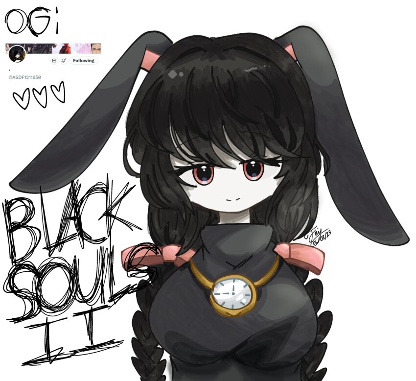 1girl alternate_color alternate_eye_color alternate_hair_color alternate_hairstyle animal_ears black_hair black_shirt black_souls black_souls_2 bow braid breasts english_text faydee gold_necklace hair_over_eyes heart highres jewelry long_hair looking_at_viewer medium_breasts necklace node_(black_souls) pale_skin pink_bow pink_eyes pocket_watch rabbit_ears rabbit_girl shirt sidelocks signature smile solo turtleneck twin_braids twitter_username watch white_background
