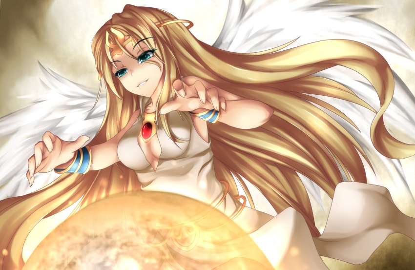 1girl angel_wings aqua_eyes blonde_hair blue_eyes bracelet breasts censored choker circlet cleavage cleavage_cutout clothing_cutout commentary_request crystal_ball dress fantasy feathered_wings female_focus fi-san gem_on_head highres ilias impossible_clothes jewelry long_hair md5_mismatch medium_breasts mon-musu_quest! monster_girl panties pointy_ears resolution_mismatch sash scarf smile smirk solo source_larger spoilers tiara torotoro_resistance underwear upper_body very_long_hair white_wings wings wrist_cuffs