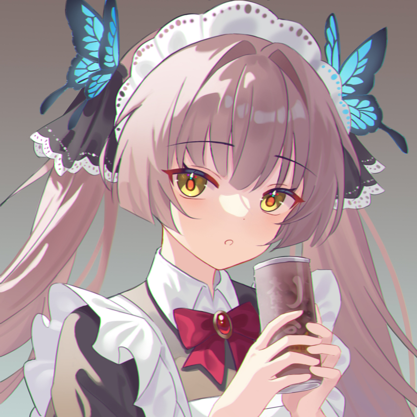 1girl absurdres alternate_costume apron blunt_bangs can commission enmaided frilled_apron frills heaven_burns_red highres long_hair maid maid_apron maid_headdress ogasawara_hisame portrait ribbon second-party_source solo twintails waist_apron white_apron white_hair yellow_eyes yishi_yels