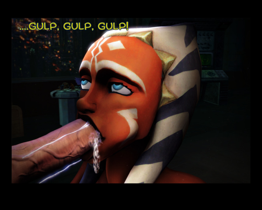 1boy 1girl ahsoka_tano anakin_skywalker cheek_bulge comic fellatio highres messy oral parody penis star_wars star_wars:_the_clone_wars