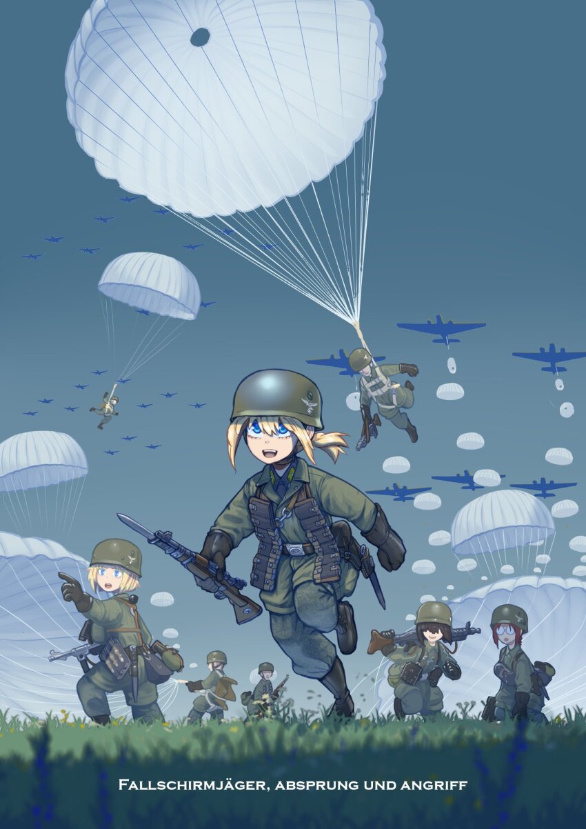 3boys 4girls aircraft airplane ammunition_pouch battle_rifle bayonet belt black_footwear black_gloves blonde_hair blue_eyes bolt_action boots brown_hair canteen combat_helmet commentary_request day erica_(naze1940) fallschirmhelm fallschirmjaeger field flower flying german_text gisela_koch glasses gloves grass green_jumpsuit green_pants gun hair_over_eyes helmet highres holding holding_gun holding_weapon jumpsuit load_bearing_equipment long_hair long_sleeves luftwaffe machine_gun mauser_98 mg42 military military_uniform military_vehicle mixed-language_commentary mp40 multiple_boys multiple_girls original outdoors pants parachute paratrooper plant pointing ponytail pouch red_hair reichsadler rifle running short_hair sky soldier standing submachine_gun weapon world_war_ii