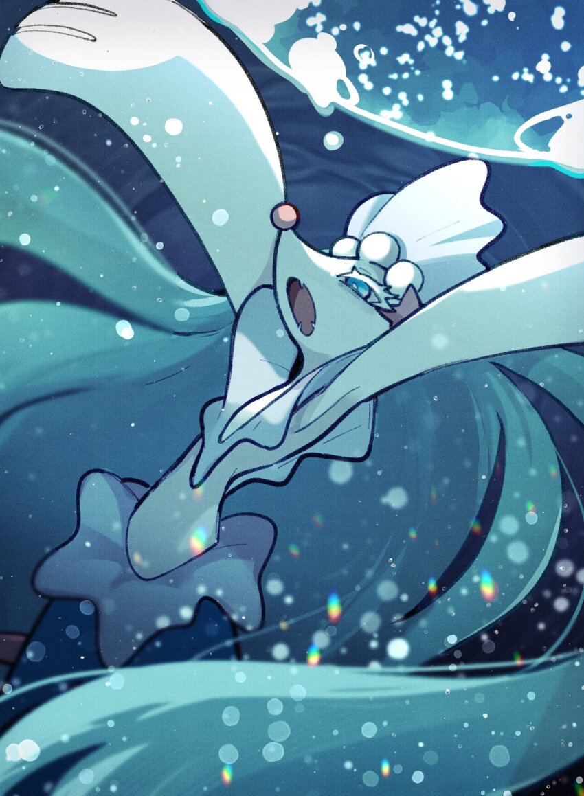 blue_eyes blue_hair gen_7_pokemon highres long_hair nintendo open_mouth pokemon pokemon_(creature) primarina solo sstoh underwater