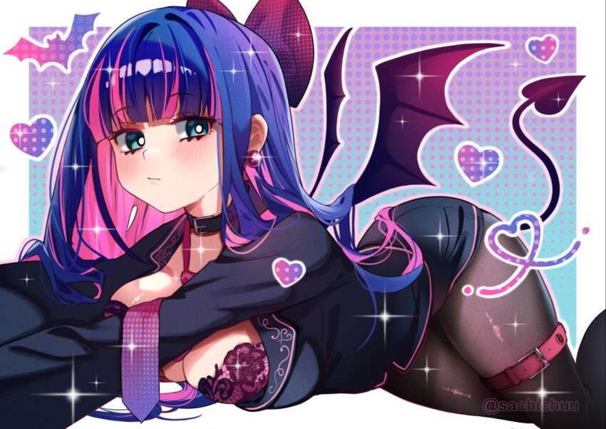1girl belt black_jacket black_pantyhose black_skirt bra breasts closed_mouth commentary demon_tail demon_wings english_commentary green_eyes highres jacket large_breasts long_hair long_sleeves looking_at_viewer multicolored_hair necktie panty_&amp;_stocking_with_garterbelt pantyhose pink_belt pink_bra pink_hair pink_necktie purple_hair sachichuu skirt solo stocking_(psg) tail thigh_belt thigh_strap thighs two-tone_hair underwear white_background wings