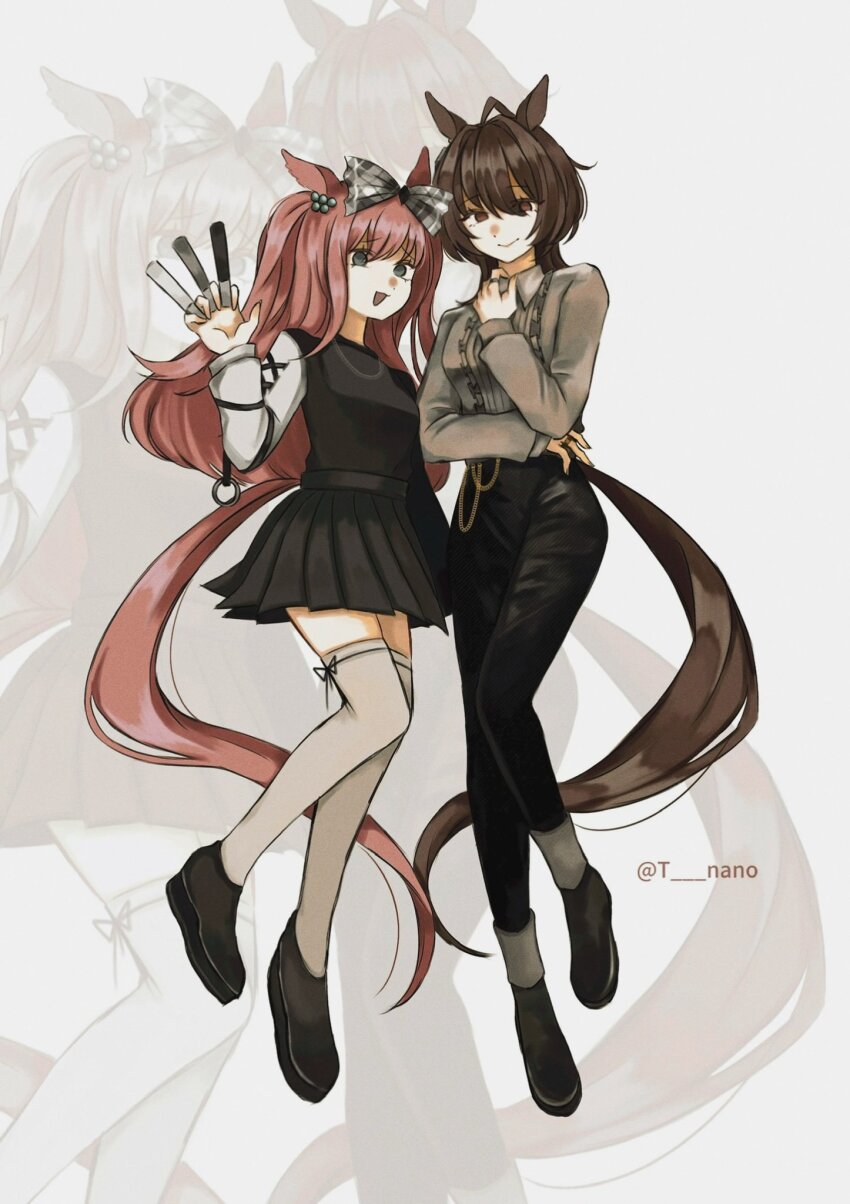 2girls :d agnes_digital_(umamusume) agnes_tachyon_(umamusume) ahoge alternate_costume animal_ears black_pants black_shirt black_shoes black_skirt blue_eyes bow brown_eyes brown_hair brown_tail center_frills collared_shirt ear_ornament frills grey_bow grey_shirt hair_between_eyes hair_bow highres horse_ears horse_girl horse_tail jewelry long_hair long_sidelocks long_sleeves medium_hair multiple_girls open_mouth pants pink_hair pink_tail plaid_bow pleated_skirt red_eyes ring shirt shoes sidelocks skirt smile tail teru_(t_nano) thighhighs twitter_username umamusume white_shirt white_thighhighs