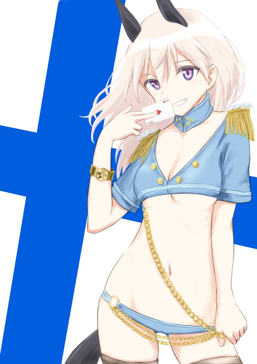 1girl 501st_joint_fighter_wing_(emblem) absurdres ace_(playing_card) ace_of_diamonds alternate_costume animal_ears bracelet breasts card chain cleavage detached_collar diamond_(shape) eila_ilmatar_juutilainen female_focus finland finnish_flag fox_ears fox_tail gluteal_fold gold_chain highres jewelry lowleg lowleg_shorts lowlegist playing_card purple_eyes short_shorts shorts silver_hair smile solo stomach strike_witches tail world_witches_series
