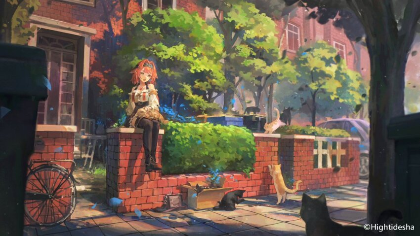 1girl :d bag belt bicycle black_bow black_cat black_hairband black_ribbon blue_flower blue_gemstone bow box breasts brick brick_road brick_wall brown_eyes bush car cat chair cinnia_antimony cleavage door falling_petals fence flower full_body gem hair_intakes hairband helmet house indie_virtual_youtuber large_breasts motor_vehicle mr.lime open_mouth orange_hair petals petting red_gemstone ribbon road short_hair shoulder_bag sitting sitting_on_wall smile street tabby_cat table thighhighs trash_can tree window