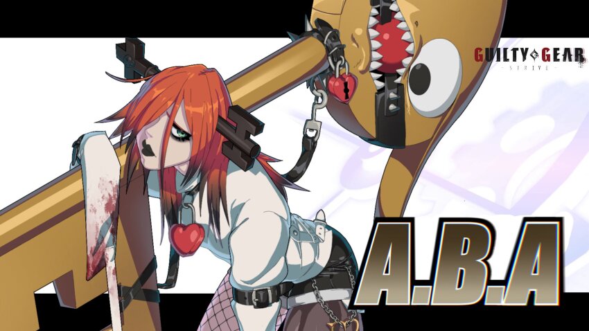 1girl a.b.a bags_under_eyes cosplay deadset_future fake_screenshot green_eyes guilty_gear guilty_gear_strive hair_ornament hair_over_one_eye highres homunculus key_in_head looking_at_viewer object_through_head pale_skin paracelsus_(guilty_gear) red_hair redesign sharp_teeth teeth