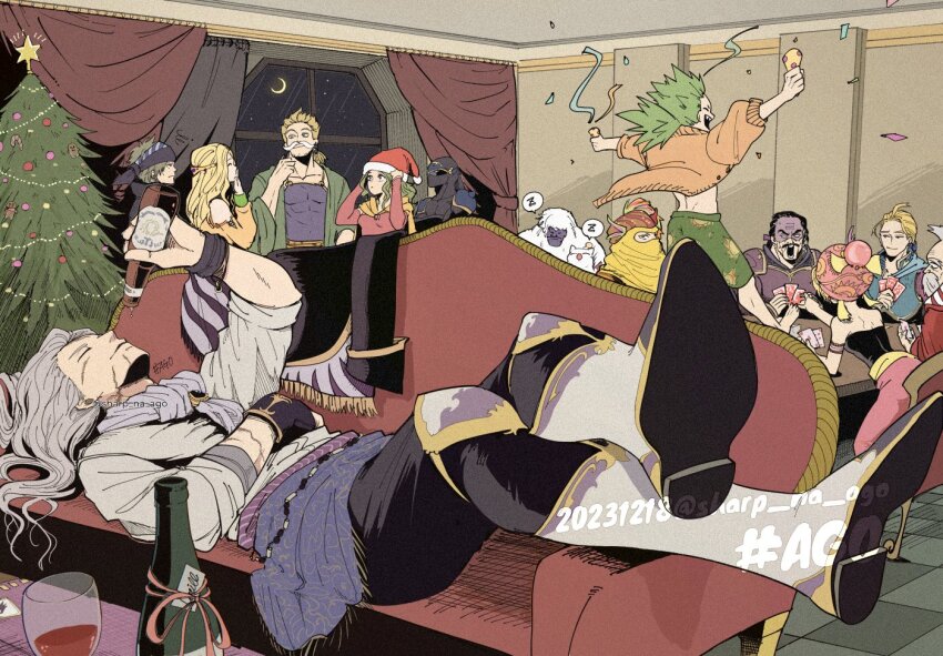 3girls 6+boys armlet armor ascot black_hair black_shirt blonde_hair boots bottle card celes_chere christmas christmas_tree couch crescent_moon crossed_ankles cup cyan_garamonde dress drinking_glass edgar_roni_figaro facial_hair fake_facial_hair fake_mustache final_fantasy final_fantasy_vi gau green_hair green_shorts grey_hair grey_shirt hand_on_own_face hat headscarf holding holding_bottle holding_card holding_party_popper indoors jewelry locke_cole low_ponytail mask merry_christmas moogle moon mouth_mask multiple_boys multiple_girls mustache ninja ninja_mask open_mouth pants parted_bangs party_popper ponytail reclining red_dress red_hat red_pants red_sleeves relm_arrowny sabin_rene_figaro santa_hat scar scar_on_face setzer_gabbiani shaded_face shadow_(ff6) sharp_na_ago shirt shorts shoulder_armor spoken_zzz strago_magus tina_branford umaro white_ascot wine_glass yellow_sleeves yeti_(creature) zzz