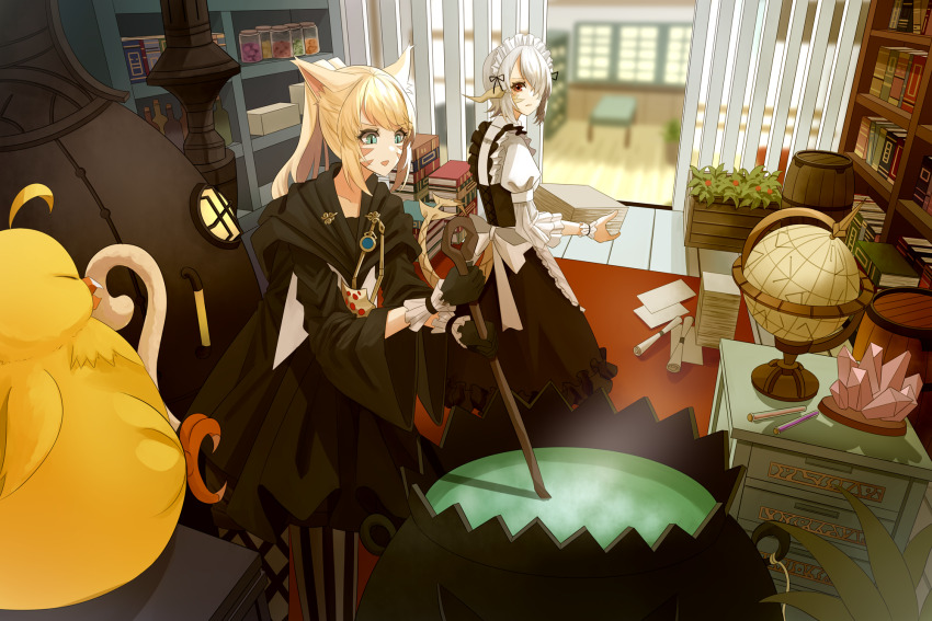2girls animal_ears apron asymmetrical_legwear au_ra barrel black_dress black_gloves black_robe blonde_hair blue_eyes blurry bomb_(final_fantasy) book bookshelf bottle cat_ears cat_tail cauldron crystal depth_of_field dragon_horns dragon_tail dress fat_chocobo feet_out_of_frame final_fantasy final_fantasy_xiv flat_chest frilled_dress frills furnace globe gloves hair_over_one_eye highres holding holding_staff horns indoors jar long_bangs looking_at_another looking_down mage_staff maid maid_apron maid_headdress miqo&#039;te multiple_girls ojiki pantyhose paper_stack pile_of_books plant potted_plant red_eyes robe rug scroll scrunchie shelf slit_pupils staff stirring striped_clothes striped_pantyhose tail test_tube white_hair white_headdress wrist_scrunchie