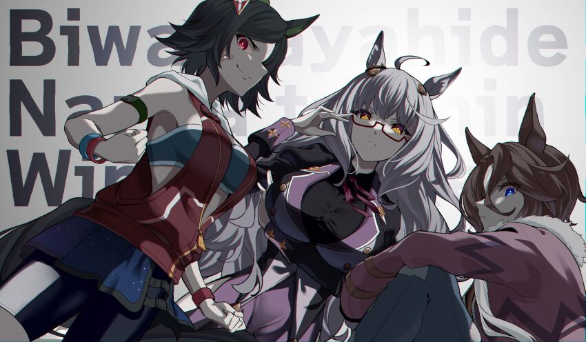 3girls absurdres adjusting_eyewear ahoge animal_ears arm_under_breasts bandaid bandaid_on_face bandeau bike_shorts_under_skirt biwa_hayahide_(umamusume) black-framed_eyewear black_bandeau black_hair black_shirt black_shorts blue_eyes blue_pants blue_skirt bnw_(umamusume) brown_hair character_name clenched_hand closed_mouth commentary denim dress dutch_angle ear_ornament english_commentary frown fur-trimmed_jacket fur_trim glasses grey_hair haibarasaika hair_between_eyes highres hood hood_down hoodie horse_ears horse_girl horse_tail hugging_own_legs jacket jeans juliet_sleeves long_hair long_sleeves looking_at_viewer miniskirt multiple_girls narita_taishin_(umamusume) neck_ribbon pants partially_unzipped pink_jacket puffy_sleeves purple_dress purple_ribbon red_eyes red_hoodie ribbon semi-rimless_eyewear shirt short_hair shorts sitting skirt sleeveless sleeveless_hoodie smile standing tail text_background torn_clothes torn_pants umamusume under-rim_eyewear winning_ticket_(umamusume)