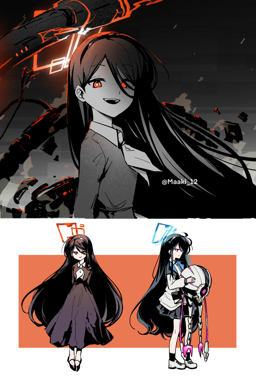 kei_(blue_archive) 2girls :d absurdres alternate_universe aris_(blue_archive) arms_behind_back black_dress black_footwear black_hair black_hairband black_skirt black_socks blue_archive blue_necktie bright_pupils closed_mouth collared_dress collared_shirt commentary dark_persona dress english_commentary evil_smile expressionless from_side full_body greyscale hairband halo hands_up highres holding jacket long_hair looking_at_viewer maaki12 machinery mary_janes monochrome multiple_girls neckerchief necktie non-humanoid_robot open_mouth orange_halo pink_eyes pleated_skirt rectangle red_eyes ringed_eyes robot shirt shoes sideways_glance skirt smile sneakers socks spot_color standing teeth twitter_username upper_body upper_teeth_only very_long_hair white_footwear white_jacket white_neckerchief white_shirt white_sneakers