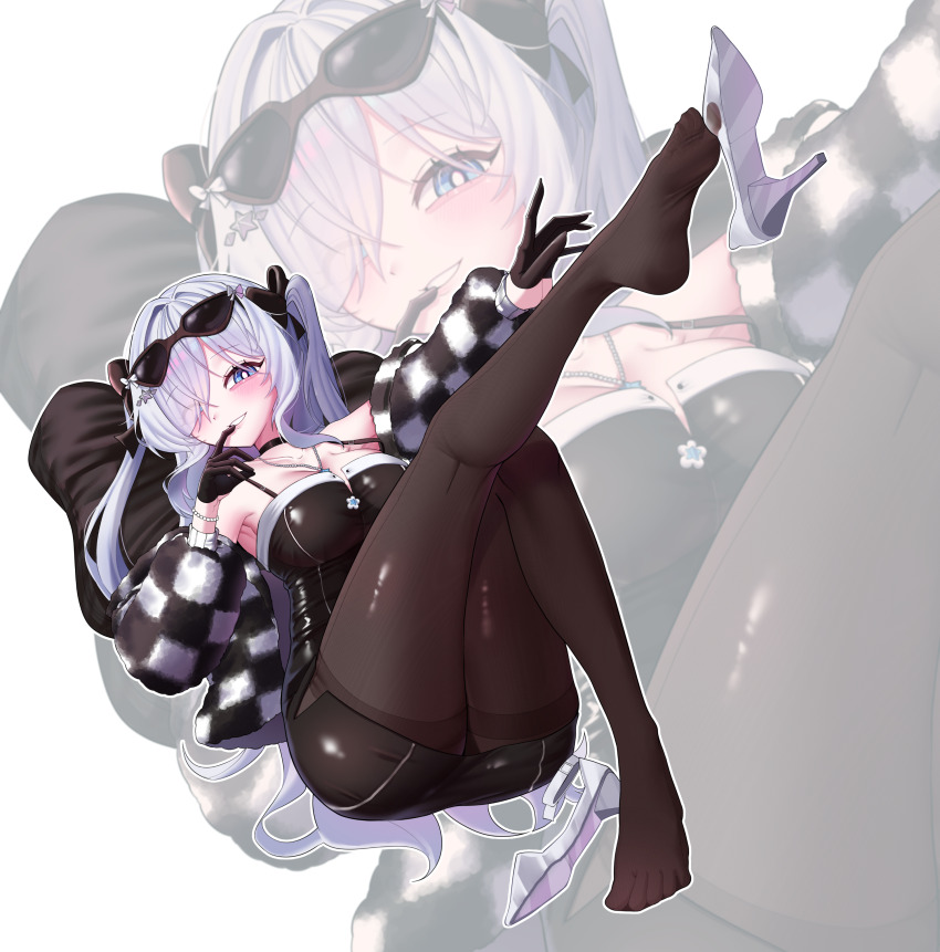 1girl absurdres ass black_bow black_dress black_gloves black_pantyhose blue_eyes blush bow breasts checkered_clothes cinderella_(nikke) cleavage dress eyewear_on_head gloves goddess_of_victory:_nikke hair_bow hair_over_one_eye highres jacket large_breasts legs long_hair looking_at_viewer mimu_(cyus7328) one_eye_covered open_clothes open_jacket open_mouth pantyhose shoe_dangle short_dress smile solo sunglasses twintails very_long_hair white_hair