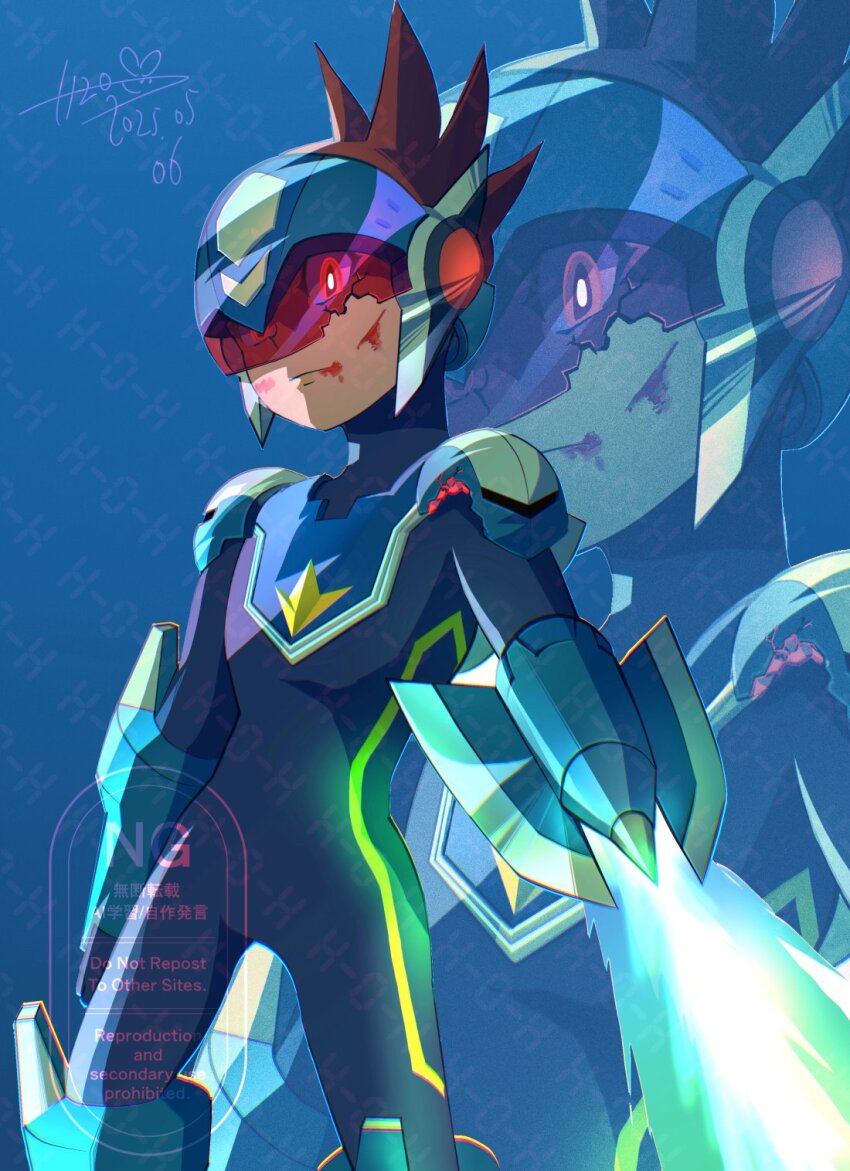 1boy arm_blade battle_damage blue_bodysuit blue_helmet bodysuit brown_hair energy_sword geo_stelar_(mega_man) h2o_(gueguecamp) helmet highres male_focus mega_man_(series) mega_man_star_force_(series) missing_commentary red-tinted_eyewear red_eyes signature solo_focus star_force_mega_man sword tinted_eyewear weapon zoom_layer