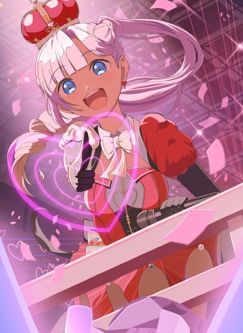 1girl :d absurdres anyoji_hime arched_crown asymmetrical_sleeves black_gloves blonde_hair blue_eyes blunt_bangs bow bow-shaped_hair bowtie commentary_request cowboy_shot crown detached_collar dress drill_hair elbow_gloves finger_gun floating_hair gloves gradient_hair hair_intakes highres link!_like!_love_live! long_hair love_live! mismatched_sleeves morio_(mmorio_mu) multicolored_hair official_alternate_costume official_alternate_hairstyle open_mouth pink_hair pointing pointing_at_viewer puffy_short_sleeves puffy_sleeves red_crown red_dress short_dress short_sleeves side_ponytail single_drill single_sidelock smile solo swept_bangs teeth upper_teeth_only very_long_hair virtual_youtuber white_sleeves zenhoi_kyun