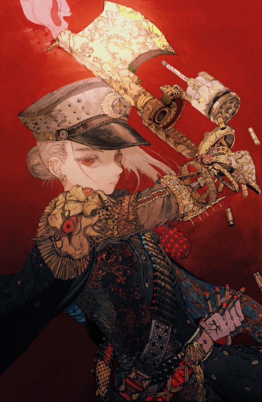 1girl ammunition armor axe ear_piercing earrings explosive gloves grenade grey_hair gun hair_bun hat highres holding holding_weapon jewelry looking_at_viewer military_hat military_uniform mon_(monmon2133) original piercing prosthesis prosthetic_weapon red_eyes shoulder_armor single_glove single_hair_bun smoke smoking_barrel solo unconventional_weapon weapon white_gloves