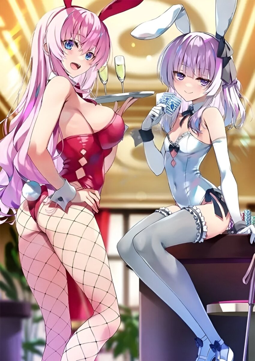2girls ass breasts card casino fishnets gloves hand_on_own_hip highres holding holding_card holding_tray ichinose_honami_(youjitsu) large_breasts leotard multiple_girls official_art open_mouth pink_hair poker_chip purple_hair rabbit_ears rabbit_tail red_leotard sakayanagi_arisu sitting sitting_on_table skindentation small_breasts smile standing thighhighs tomose_shunsaku tray white_gloves white_leotard youkoso_jitsuryoku_shijou_shugi_no_kyoushitsu_e