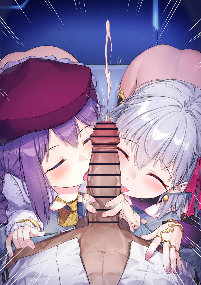 1boy 2girls aged_down ass bar_censor blush breasts censored closed_eyes coffeekite cum ejaculation erection fate/grand_order fate_(series) fellatio ffm_threesome grey_hair group_sex highres kama_(fate) kama_(first_ascension)_(fate) licking licking_penis long_hair multiple_girls necktie nipples oral penis pov projectile_cum purple_hair short_hair sion_eltnam_(type-moon) sion_eltnam_sokaris small_breasts threesome white_hair yellow_necktie