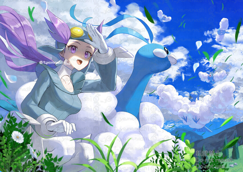 1girl altaria beak bird breasts cloud gen_3_pokemon gloves goggles helmet long_hair long_sleeves medium_breasts nintendo pants pokemon pokemon_oras purple_eyes purple_hair very_long_hair wings winona_(pokemon) yamanashi_taiki