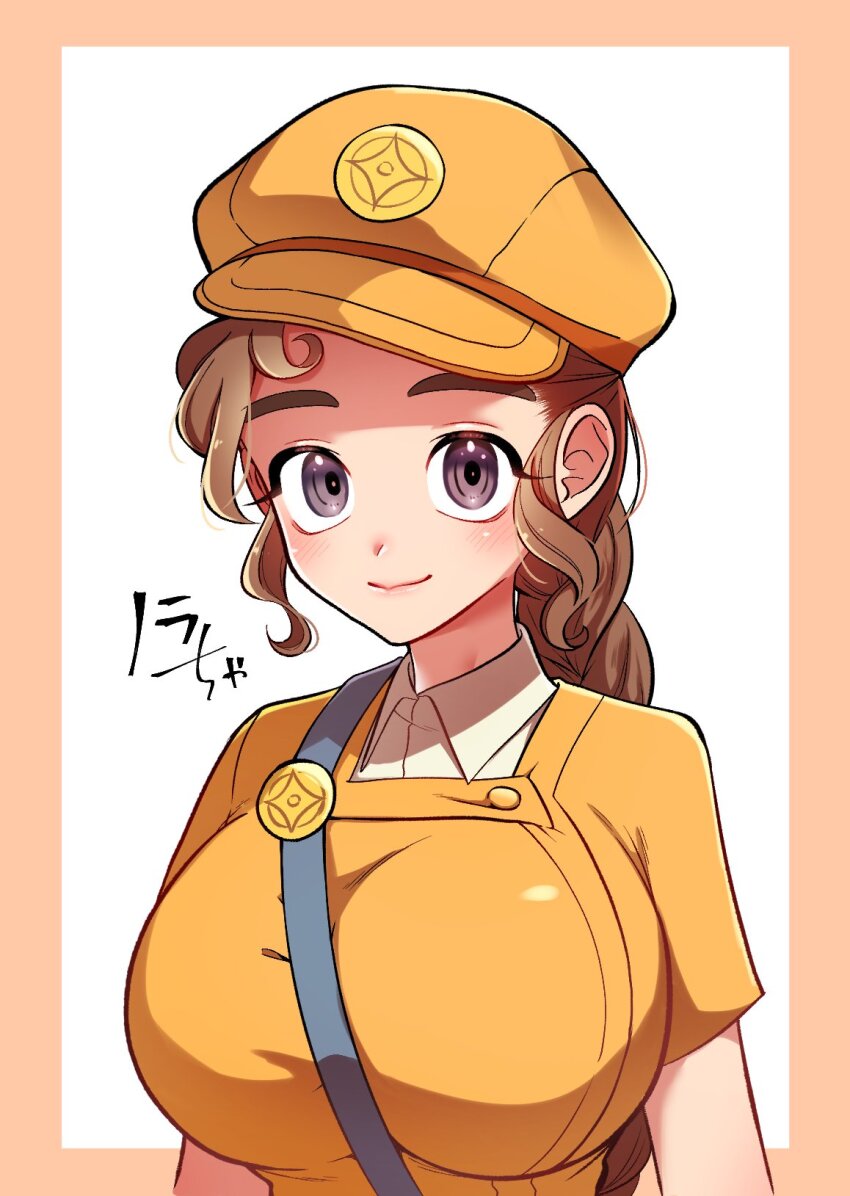 1girl between_breasts braid braided_ponytail breasts brown_eyes brown_hair collared_shirt commentary hashtag-only_commentary hat highres huge_breasts mugicha_(zoro1132) my_time_at_portia nora_(my_time_at_portia) orange_hat shirt smile solo strap_between_breasts upper_body