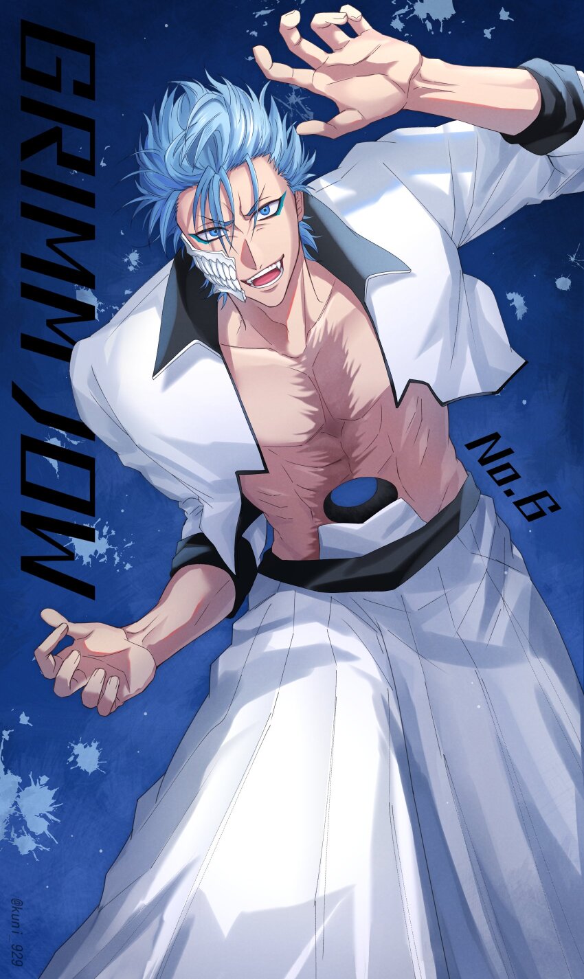1boy 2023 :d abs absurdres bleach blue_background blue_eyes blue_hair character_name claw_pose commentary_request cowboy_shot crazy_smile dated_commentary eyes_visible_through_hair facial_mark fangs fighting_stance grimmjow_jaegerjaquez hair_between_eyes hakama hand_up highres hole_in_stomach japanese_clothes kuni_929 leaning_forward long_sleeves looking_at_viewer male_focus muscular muscular_male open_clothes open_mouth open_shirt scar scar_on_chest shirt short_hair simple_background smile solo spiked_hair standing teeth tsurime twitter_username v-shaped_eyebrows white_hakama white_shirt