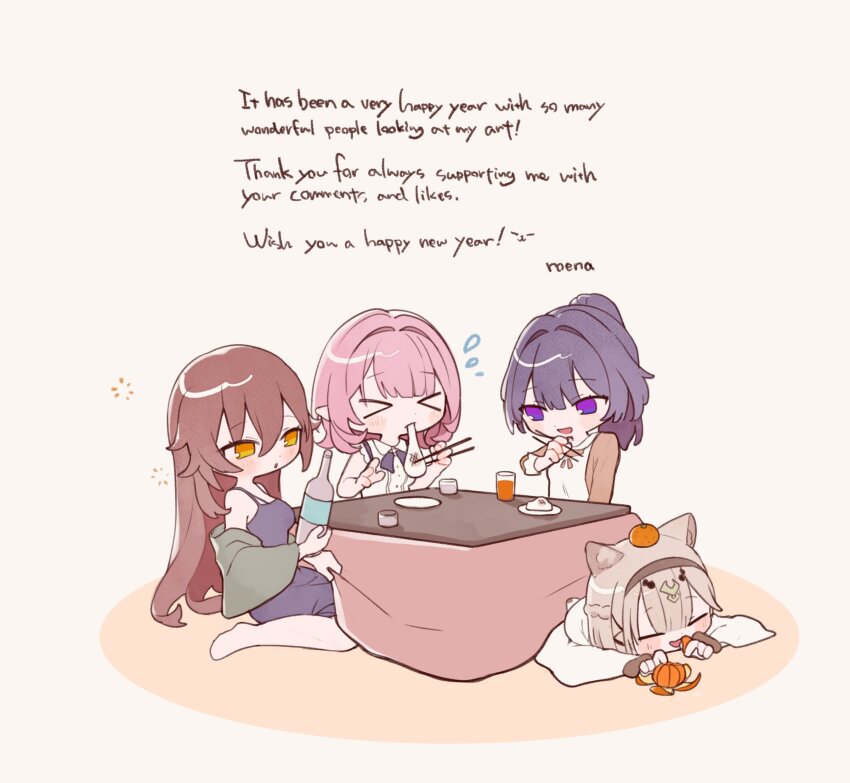 &gt;_&lt; 4girls animal_ears artist_name bare_shoulders black_dress blush bottle brown_hair cat_ears cat_girl dress eating eden_(honkai_impact) elf elysia_(honkai_impact) elysia_(miss_pink_elf)_(honkai_impact) english_text food fruit glass_bottle hair_between_eyes highres holding holding_bottle honkai_(series) honkai_impact_3rd kotatsu long_hair multiple_girls orange_(fruit) orange_eyes orange_peel pardofelis pink_hair plate pointy_ears purple_eyes purple_hair raiden_mei red_hair roena shirt short_hair simple_background table under_kotatsu under_table very_long_hair white_shirt