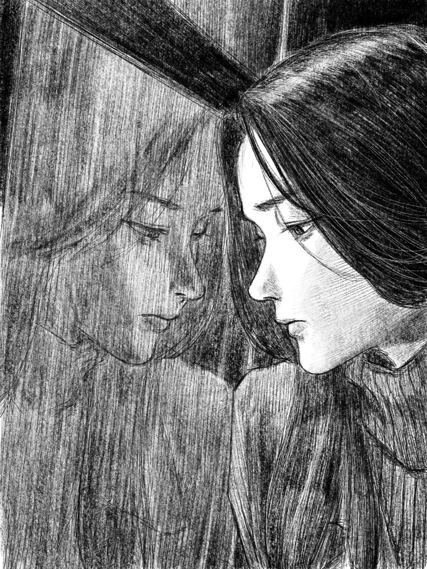 1girl black_hair greyscale head_only highres long_hair looking_at_reflection looking_to_the_side monochrome original reflection solo tp_p_pt window
