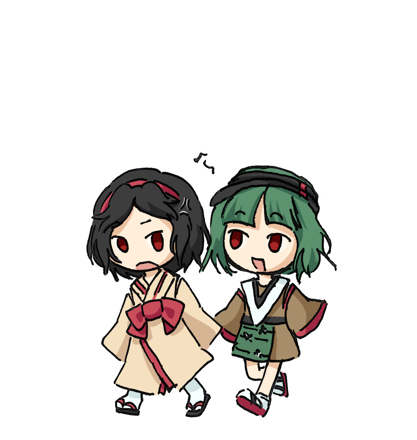 2others absurdres androgynous anger_vein baila_kuangzi black_hairband brown_shirt brown_skirt brown_sleeves chibi chinese_commentary commentary_request detached_sleeves green_hair hairband highres japanese_clothes kimono len&#039;en long_sleeves multiple_others no_nose open_mouth other_focus red_eyes red_hairband red_ribbon red_trim ribbon shirt short_hair simple_background skirt sleeves_past_fingers sleeves_past_wrists smile socks taira_no_chouki taira_no_chouki_(living) taira_no_fumikado taira_no_fumikado_(human) walking white_background white_socks yellow_kimono