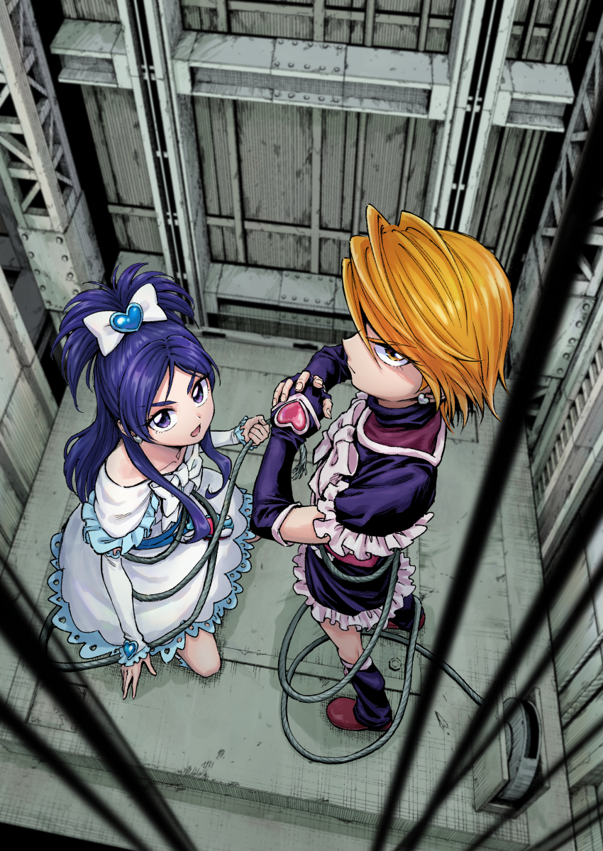 2girls absurdres black_capelet black_gloves black_skirt black_sleeves blue_eyes blue_hair blurry blurry_foreground bow brown_eyes brown_hair capelet closed_mouth commentary_request cure_black cure_white dress earrings elbow_gloves elevator_shaft fingerless_gloves fist_in_hand frilled_capelet frilled_skirt frills frown futari_wa_precure glaring gloves hair_bow hair_ornament half_updo heart heart_earrings heart_hair_ornament highres itou_shin&#039;ichi jewelry leg_warmers long_hair looking_at_viewer looking_up magical_girl medium_dress miniskirt misumi_nagisa multiple_girls open_mouth precure short_hair skirt squatting standing white_bow white_capelet white_dress white_sleeves yukishiro_honoka