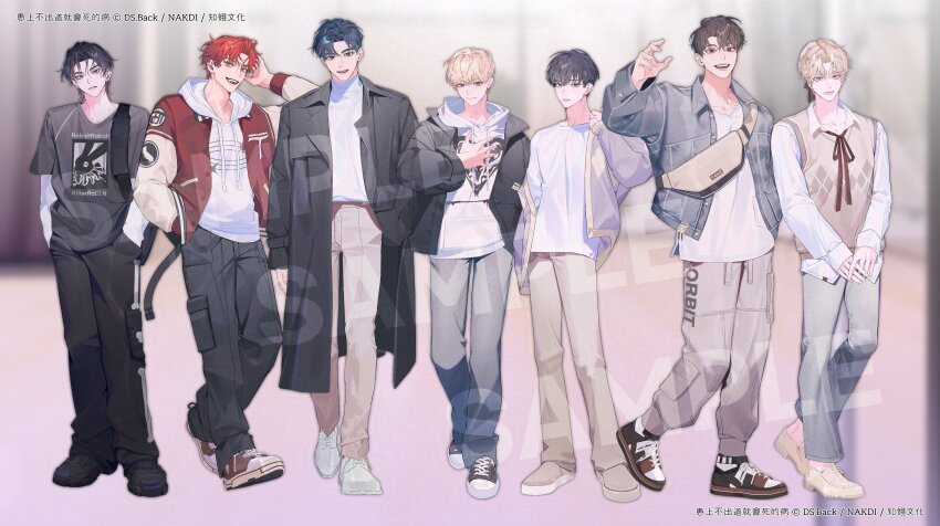 6+boys absurdres arm_up bae_sejin bag black_coat black_hair black_jacket black_pants black_shoes blonde_hair brown_eyes brown_hair brown_pants brown_shoes brown_sweater_vest cha_eugene closed_mouth coat debwi_mos_hamyeon_jugneun_byeong_geollim grey_pants hair_between_eyes highres hood hoodie jacket kim_raebin korean_commentary lee_sejin letterman_jacket looking_at_viewer multiple_boys nakddidi official_art open_clothes open_jacket open_mouth pants park_moondae parted_bangs purple_jacket red_hair red_jacket ryu_cheongwoo sample_watermark seon_ahyun shirt shoes short_hair smile sweater_vest teeth upper_teeth_only watermark white_hoodie white_shirt