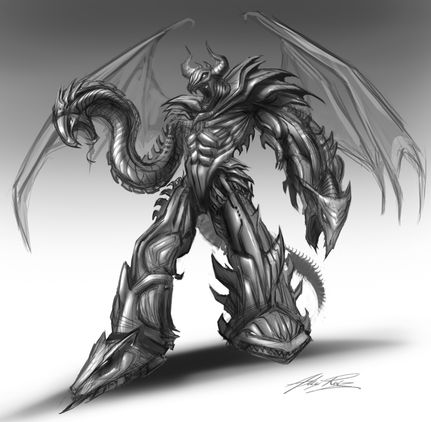 absurdres alexruizart blank_eyes character_request concept_art gattai highres horns jaws looking_at_viewer mecha no_humans non-humanoid_robot official_art predator_robeast production_art robot robot_animal science_fiction super_robot tail voltron_(series) voltron_force wings