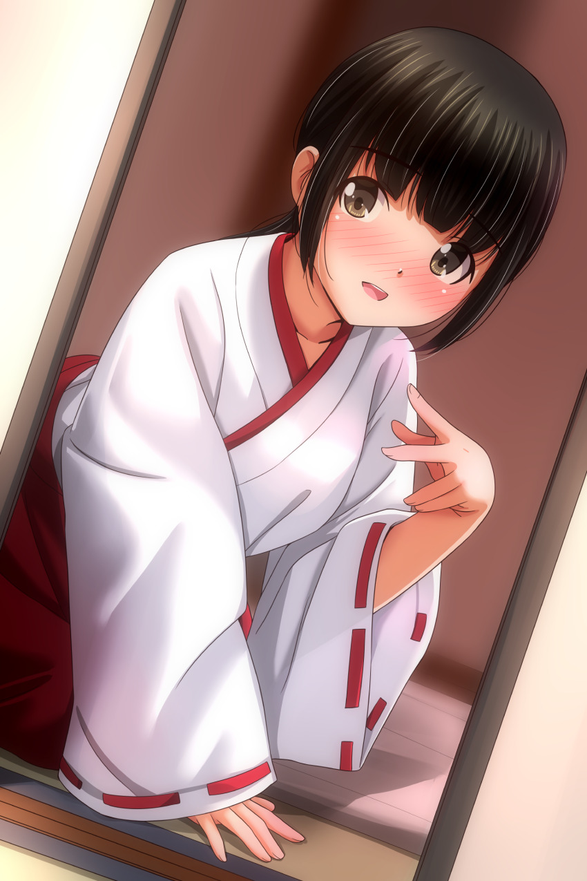 1girl absurdres black_hair blush brown_eyes commentary_request hakama highres japanese_clothes long_sleeves looking_at_viewer matsunaga_kouyou medium_hair miko nose_blush open_mouth original ribbon_trim skirt solo teeth upper_teeth_only wide_sleeves