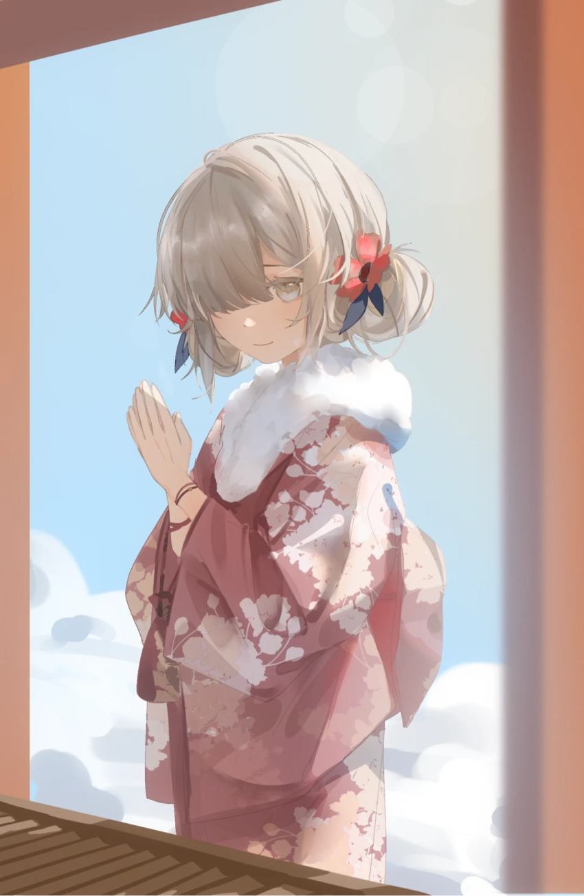 1girl alternate_costume alternate_hairstyle anemone_(flower) back_bow blue_sky bow box bracelet cherry_blossom_print chinese_commentary closed_mouth cloud cloudy_sky commentary_request day donation_box double_bun floral_print floral_print_kimono flower fur-trimmed_kimono fur_trim furisode grey_eyes grey_hair hair_bun hair_flower hair_ornament hair_over_one_eye hatsumoude highres isekaijoucho japanese_clothes jewelry kamitsubaki_studio kimono lens_flare light_blush light_smile long_sleeves looking_at_viewer new_year obi obstructed_view one_eye_covered own_hands_together palms_together print_kimono red_flower red_kimono red_sash sash sky solo swept_bangs three_quarter_view updo upper_body virtual_youtuber wide_sleeves xiehuang_fenzhengrou