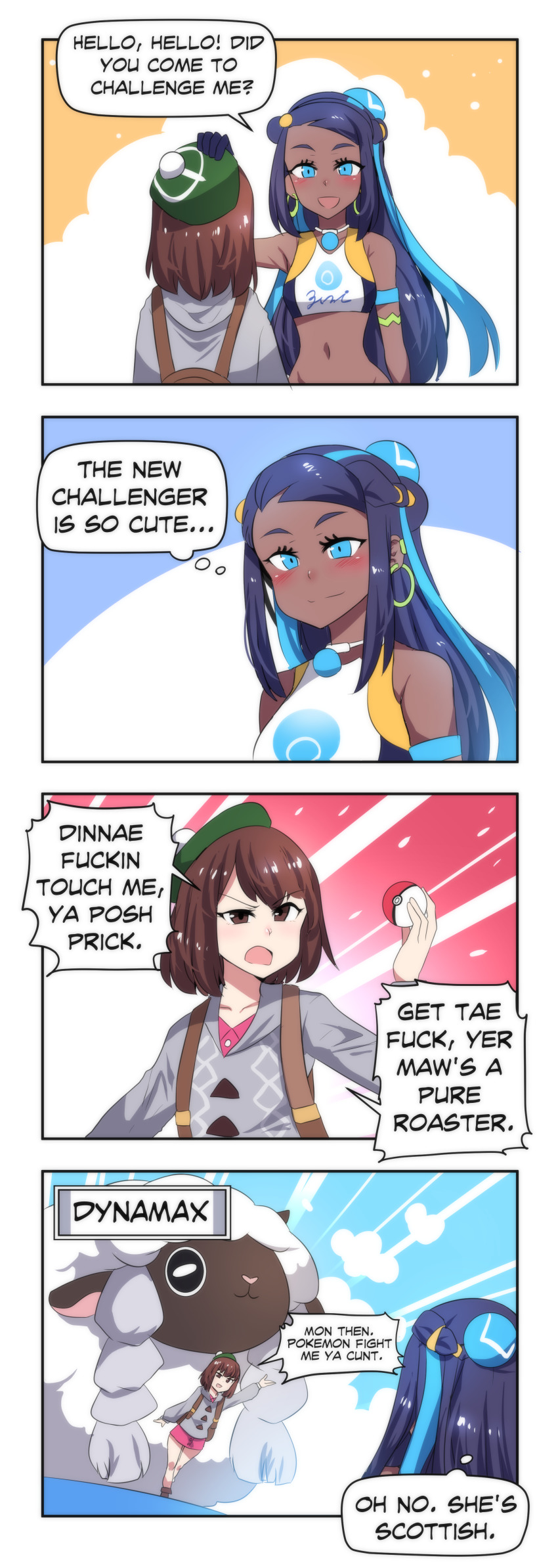 2girls absurdres armlet backpack bag bikini black_skin blue_eyes blush bob_cut colored_skin comic commentary dark-skinned_female dark_skin dynamax earrings english_text gen_8_pokemon gloria_(pokemon) gym_leader hair_bun hat headpat highres hinghoi hoop_earrings jewelry long_hair merryweather multiple_girls necklace nessa_(pokemon) nintendo poke_ball pokemon pokemon_(creature) pokemon_swsh profanity revision scottish_english_text scowl sidelocks single_hair_bun speech_bubble standing swimsuit tam_o&#039;_shanter tankini thought_bubble v-shaped_eyebrows wooloo