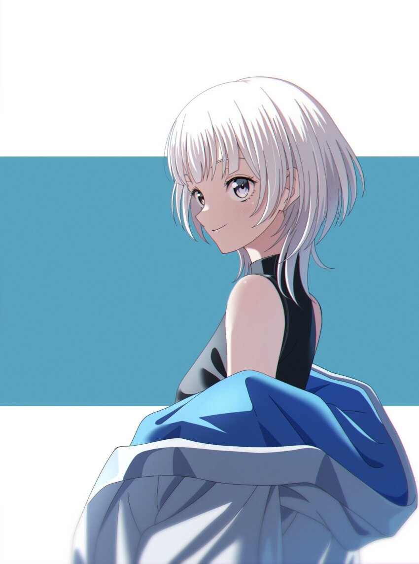 1girl bang_dream! bang_dream!_it&#039;s_mygo!!!!! black_shirt blue_background breasts from_side grey_eyes highres kaname_raana medium_breasts multicolored_background off_shoulder shirt simple_background sleeveless sleeveless_shirt smile tagme two-tone_background white_background white_hair yasou0049