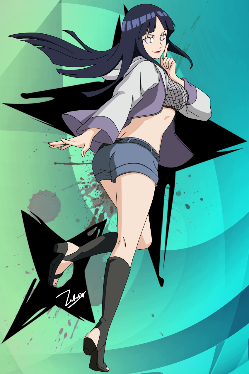1girl absurdres blue_hair blunt_bangs boots breasts fishnet_top fishnets full_body grey_eyes grey_jacket high_heel_boots high_heels highres hood hood_down hyuuga_hinata jacket large_breasts long_hair multicolored_jacket naruto:_road_to_ninja naruto_(classic) naruto_(series) naruto_shippuuden no_pupils open_clothes open_jacket purple_jacket short_shorts shorts smile solo two-tone_jacket white_eyes zero024