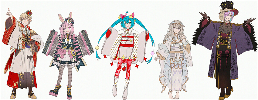+++ 2boys 3girls :d absurdres adapted_costume animal_ear_fluff animal_ears arm_up barefoot black_boots black_flower black_gloves black_hakama black_hat black_kimono blonde_hair blue_hair boots brown_boots brown_eyes brown_hair closed_mouth crown fake_animal_ears flower gloves green_eyes grey_background grey_boots grey_jacket grey_kimono grin hair_between_eyes hair_over_one_eye hakama hakusai_(tiahszld) hand_up hat hat_flower hatsune_miku high_heels highres jacket japanese_clothes kamishiro_rui kimono kono_matsuri_ni_yuuyami_iro_mo_(project_sekai) kusanagi_nene lineup long_hair long_sleeves mermaid_ni_akogarete_(project_sekai) mini_crown multicolored_hair multiple_boys multiple_girls ootori_emu open_clothes open_jacket open_mouth outstretched_arm pants pantyhose pinching_sleeves pink_gloves pink_hair pink_kimono pointy_ears pop_future_princess_(project_sekai) project_sekai purple_eyes purple_jacket rabbit_ears red_eyes red_kimono red_pants revision shoes short_kimono simple_background sleeves_past_wrists smile standing standing_on_one_leg streaked_hair tenma_tsukasa tilted_headwear top_hat twintails two-tone_hair v-shaped_eyebrows very_long_hair vocaloid wide_sleeves wonder_magical_showtime!_(project_sekai) wonderlands_x_showtime_(project_sekai) wonderlands_x_showtime_miku