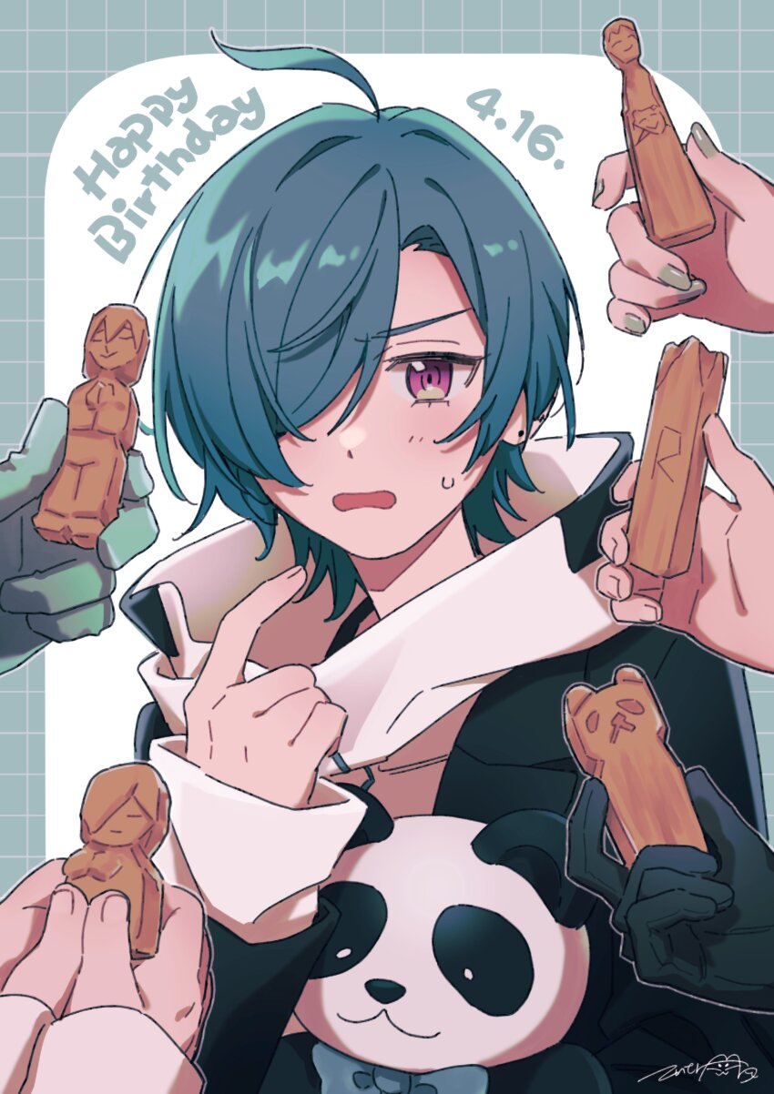 1other 2girls 3boys absurdres ahoge black_gloves black_jacket blue_bow blue_bowtie border bow bowtie commentary dated earrings flustered gloves green_border green_gloves green_hair green_nails grid_border hair_over_one_eye hand_up happy_birthday high_collar highres higuchi_kaede holding holding_stuffed_toy jacket jewelry kanae_(nijisanji) lapels leos_vincent long_sleeves looking_at_viewer matsugi_zuntaro multiple_boys multiple_girls nail_polish nanajigen_seitokai_(nijisanji) nijisanji notched_lapels open_mouth other_focus out_of_frame outline outside_border peanut_mouth pointing pointing_at_self purple_eyes ryuushen saegusa_akina sculpture shirt short_hair signature solo_focus stud_earrings stuffed_animal stuffed_panda stuffed_toy suo_sango sweatdrop symbol-only_commentary upper_body virtual_youtuber white_background white_outline white_shirt