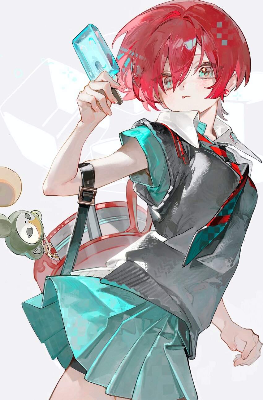 1girl absurdres amate_yuzuriha aqua_eyes aqua_shirt aqua_skirt bag bag_charm charm_(object) cowboy_shot food grey_background grey_sweater_vest gundam gundam_gquuuuuux highres holding holding_food holding_popsicle looking_at_viewer miniskirt necktie pleated_skirt popsicle red_hair school_uniform shirt short_hair short_sleeves shorts shorts_under_skirt shoulder_bag skirt solo suzumi_(ccroquette) sweater_vest tongue tongue_out