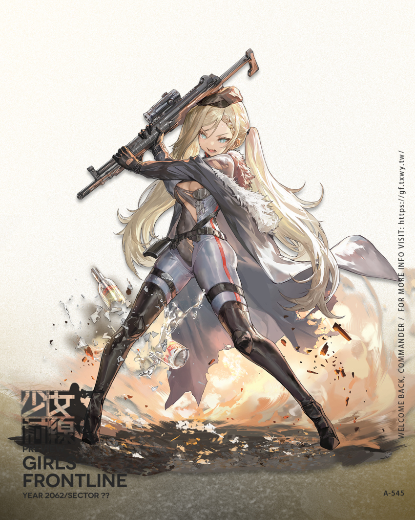 1girl a-545_(girls&#039;_frontline) alcohol angry aqua_eyes assault_rifle belt beret black_belt black_boots black_gloves blonde_hair bodysuit boots bottle braid breasts character_name cleavage cloak commentary_request copyright_name covered_navel crushed flask french_braid full_body fur-trimmed_cloak fur_trim girls&#039;_frontline gloves grey_bodysuit grey_cloak gun hair_ornament hairclip hat high_heel_boots high_heels highres holding holding_gun holding_weapon knee_pads long_hair looking_at_viewer medium_breasts messikid official_art open_mouth partially_fingerless_gloves promotional_art rifle rubber_boots solo standing stolichnaya_(vodka) thigh_boots thighhighs thighs torn_bodysuit torn_cloak torn_clothes twintails vodka weapon