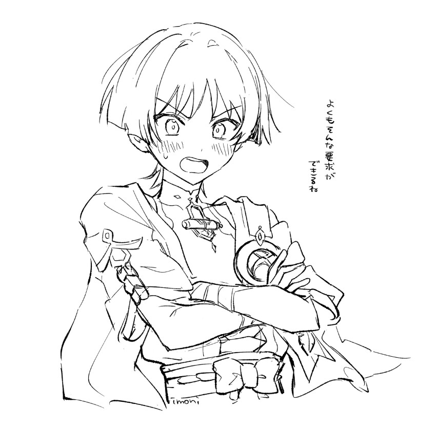 1boy absurdres armor artist_name belt blunt_ends blush bodysuit bow bridal_gauntlets covered_collarbone crossed_arms feathers furisode gem genshin_impact greyscale hand_on_own_arm highres imo_ni japanese_armor japanese_clothes kimono kote layered_sleeves looking_at_viewer male_focus mandarin_collar monochrome open_mouth rope scaramouche_(genshin_impact) short_sleeves shoulder_peek sketch solo sweatdrop teeth translation_request upper_body upper_teeth_only v-shaped_eyebrows vision_(genshin_impact) wanderer_(genshin_impact) wide-eyed wispy_bangs