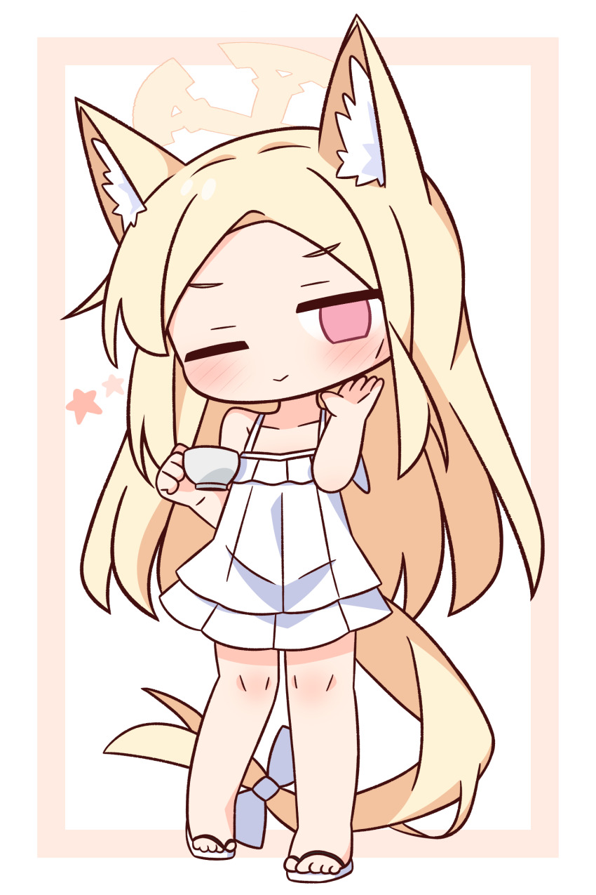 1girl ;) absurdres animal_ear_fluff animal_ears bare_arms bare_shoulders blonde_hair blue_archive blush bow brown_background chibi closed_mouth collarbone cup dress empty_eyes forehead fox_ears fox_girl fox_tail full_body halo hana_kazari hand_up highres holding holding_cup large_variant_set long_hair looking_at_viewer one_eye_closed parted_bangs pink_eyes sandals seia_(blue_archive) sleeveless sleeveless_dress smile solo standing star_(symbol) tail tail_bow tail_ornament two-tone_background v-shaped_eyebrows variant_set very_long_hair white_background white_bow white_dress white_sandals