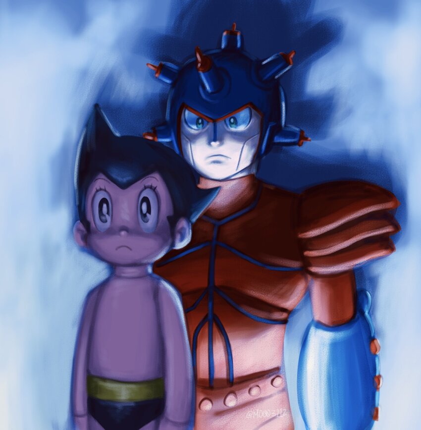 2boys android atlas_(tetsuwan_atom) atom_(tetsuwan_atom) black_hair commentary derivative_work english_commentary frown green_eyes helmet highres male_focus meme mo003112 multiple_boys tetsuwan_atom tetsuwan_atom_(2003) undertaker_standing_behind_aj_styles_(meme) wwe