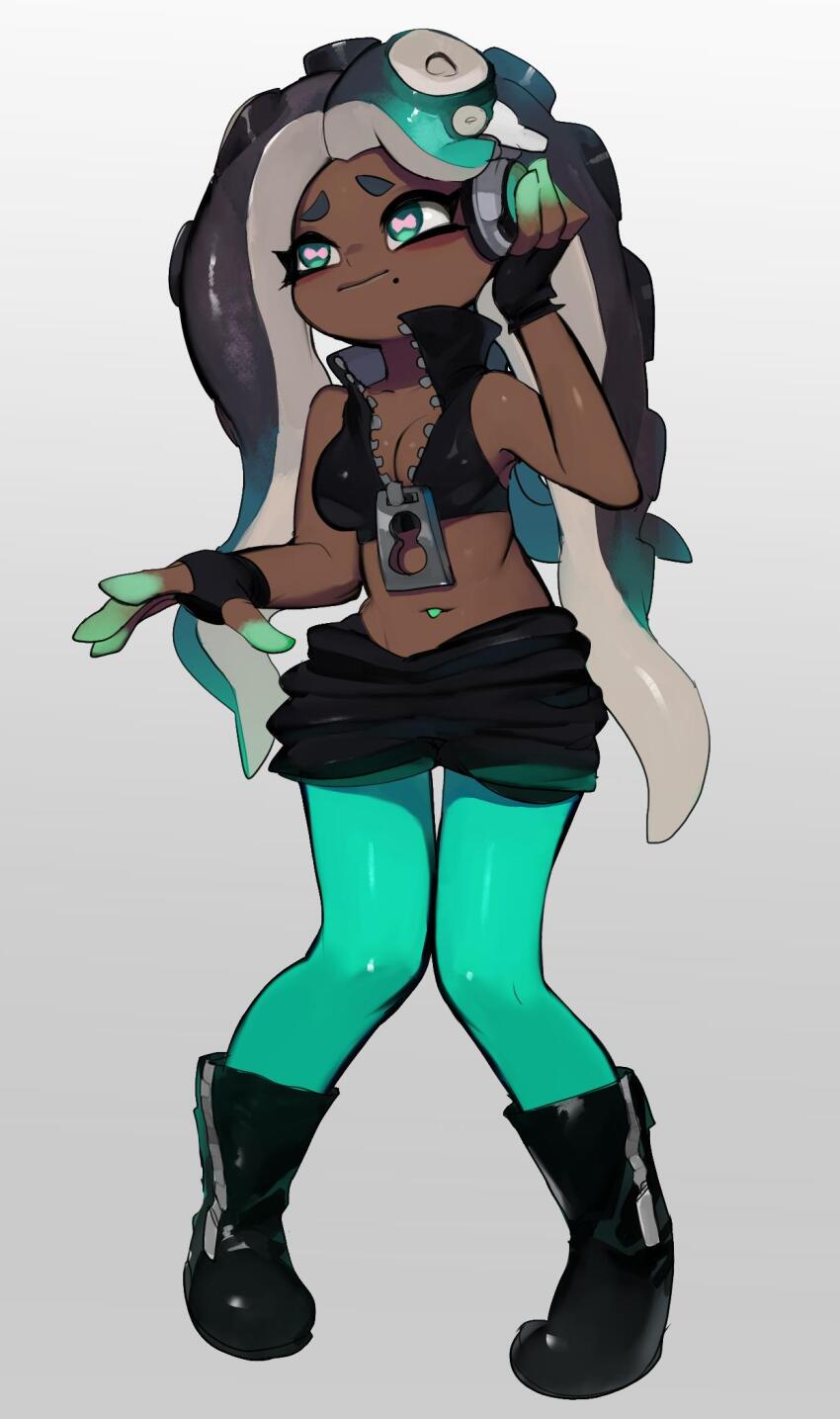 1girl aqua_eyes aqua_pantyhose bare_shoulders black_boots black_gloves black_hair black_shirt black_shorts blue_hair boots breasts cephalopod_eyes cleavage closed_mouth colored_extremities crop_top dark-skinned_female dark_skin fingerless_gloves full_body furrowed_brow gloves gradient_background gradient_hair groin hand_on_headphones hand_up headphones high_collar highres horizontal_pupils jpeg_artifacts long_hair marina_(off_the_hook_outfit)_(splatoon) marina_(splatoon) medium_breasts mole mole_under_mouth multicolored_hair navel_piercing nintendo octoling pantyhose pantyhose_under_shorts piercing pigeon-toed pink_pupils raichiyo shirt shorts sleeveless sleeveless_shirt solo splatoon_(series) splatoon_2 standing suction_cups tentacle_hair two-tone_hair unzipped very_long_hair zipper zipper_pull_tab